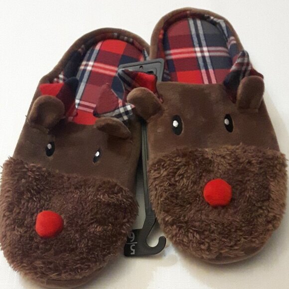 NWOT Reindeer Slippers Plaid Rudolph Slippers 9/10 - Picture 1 of 4